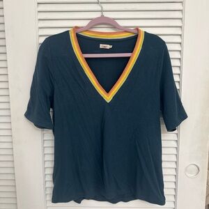 Faherty Navy V-Neck Top with Multicolor Trim